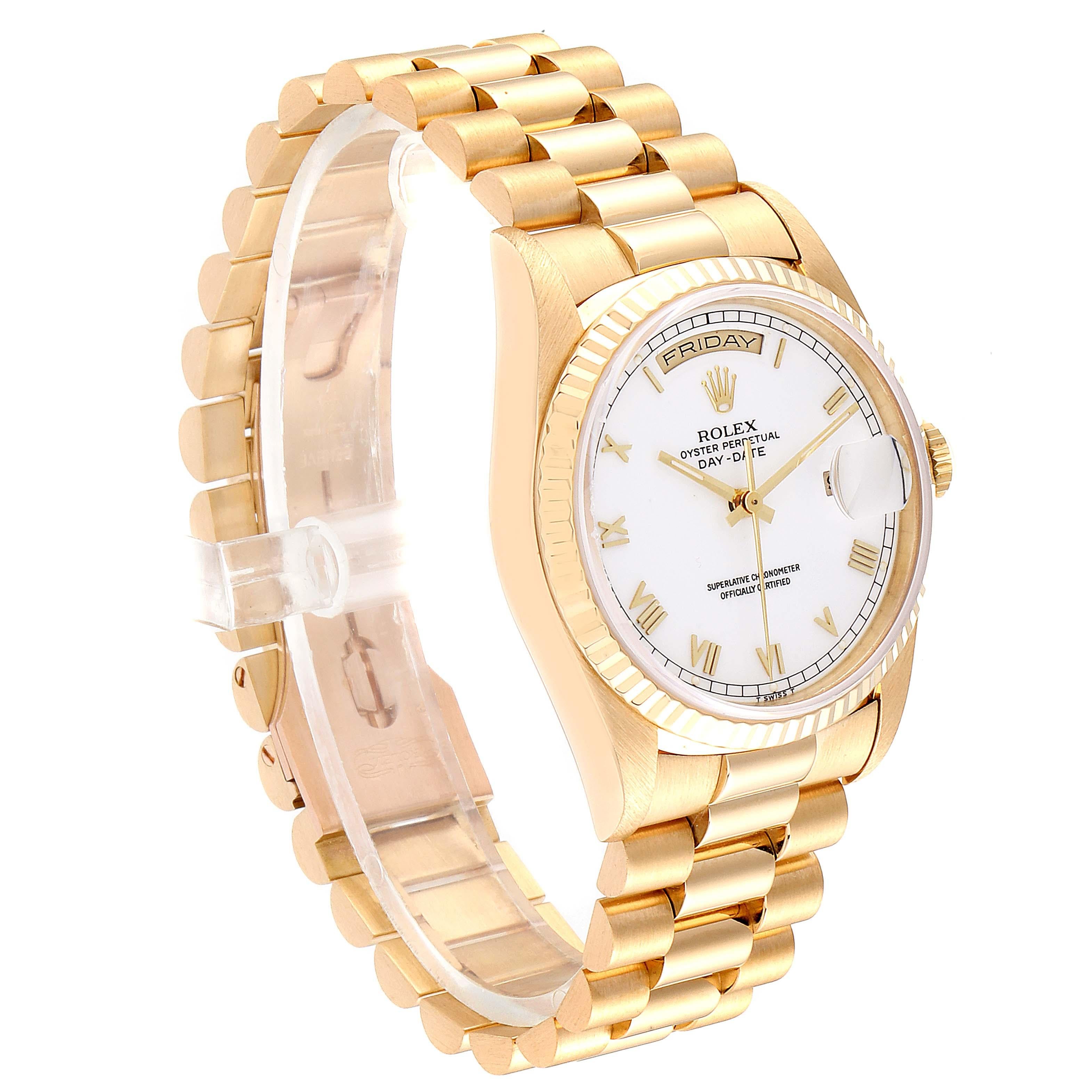 Rolex President Day-Date 18 Karat Yellow Gold White Dial Men's Watch 18238 For Sale 1