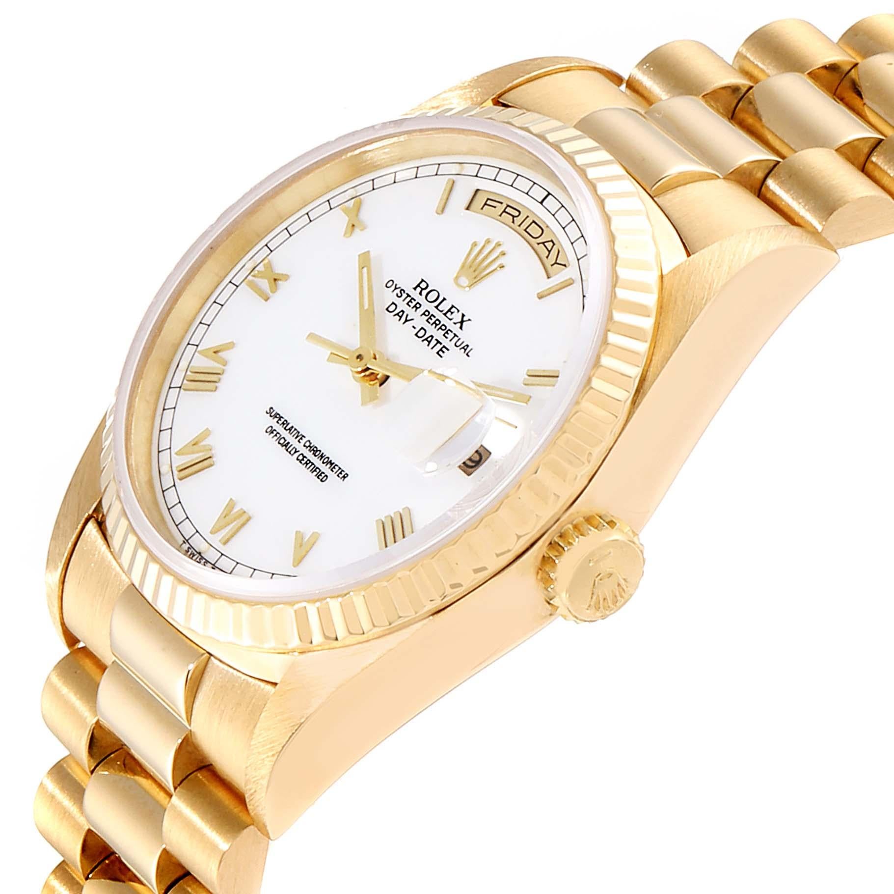 Rolex President Day-Date 18 Karat Yellow Gold White Dial Men's Watch 18238 For Sale 2