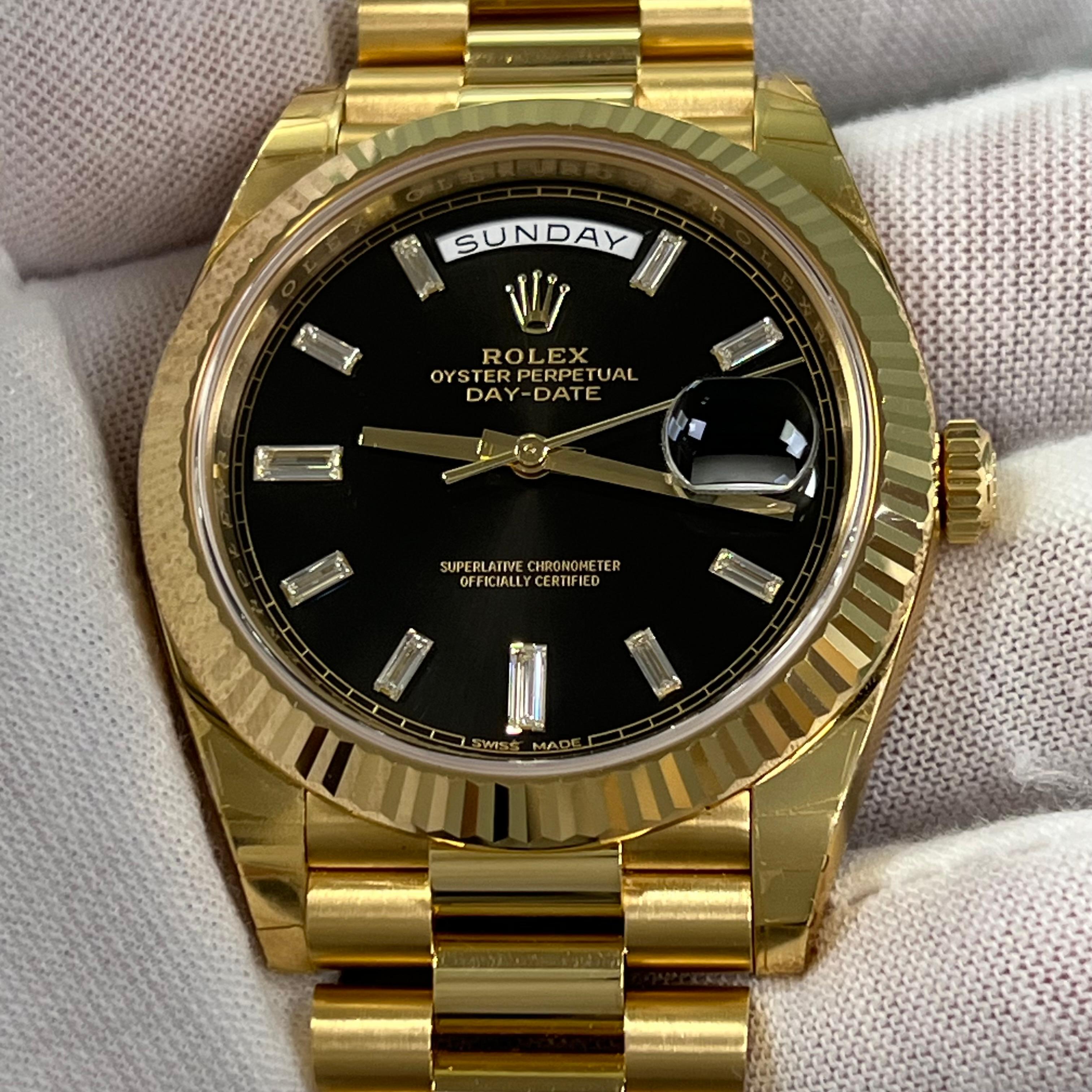 Rolex President Day Date 228238 40mm Black Baguette Diamond 18K Gold w/ STICKERS For Sale 8