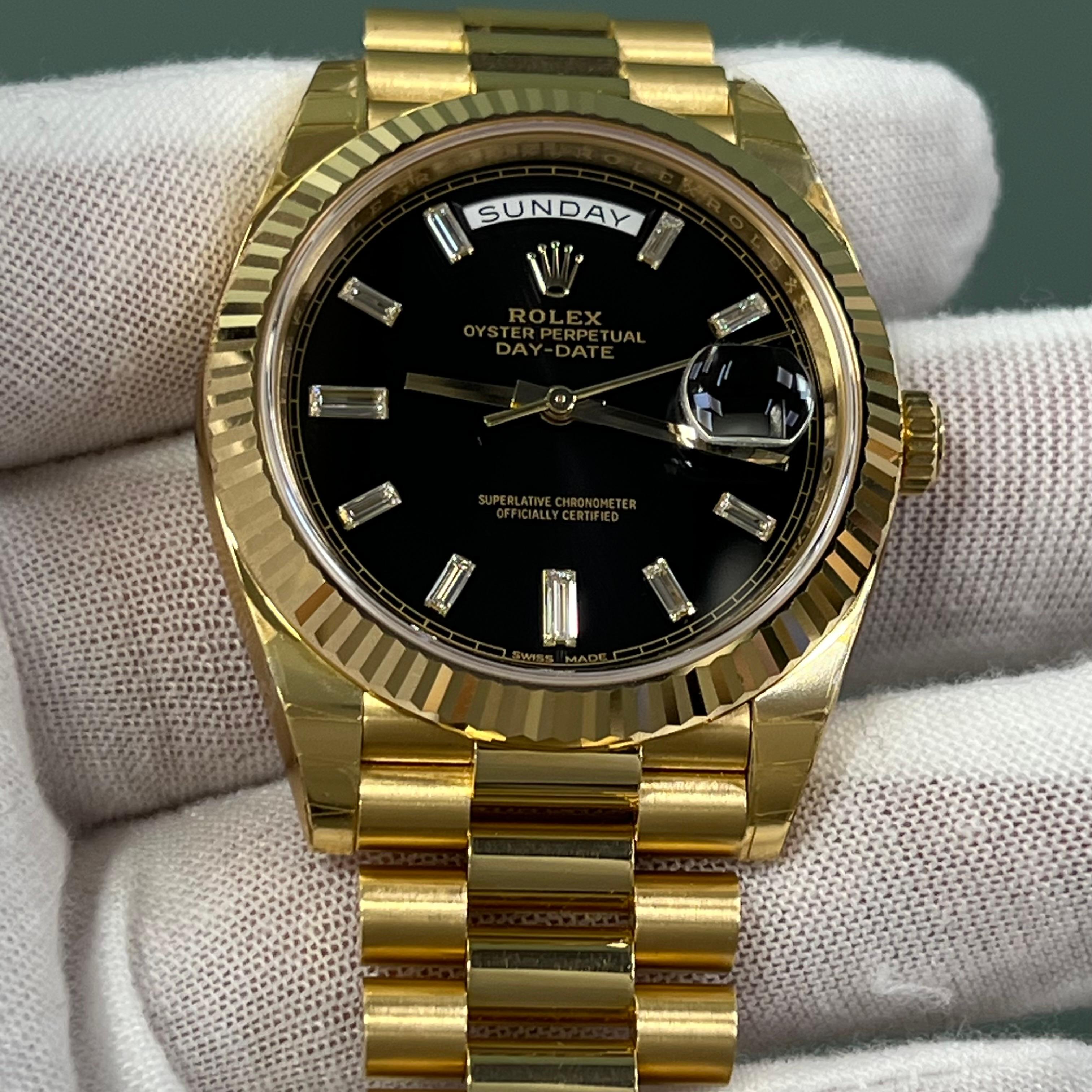 Rolex President Day Date 228238 40mm Black Baguette Diamond 18K Gold w/ STICKERS For Sale 9