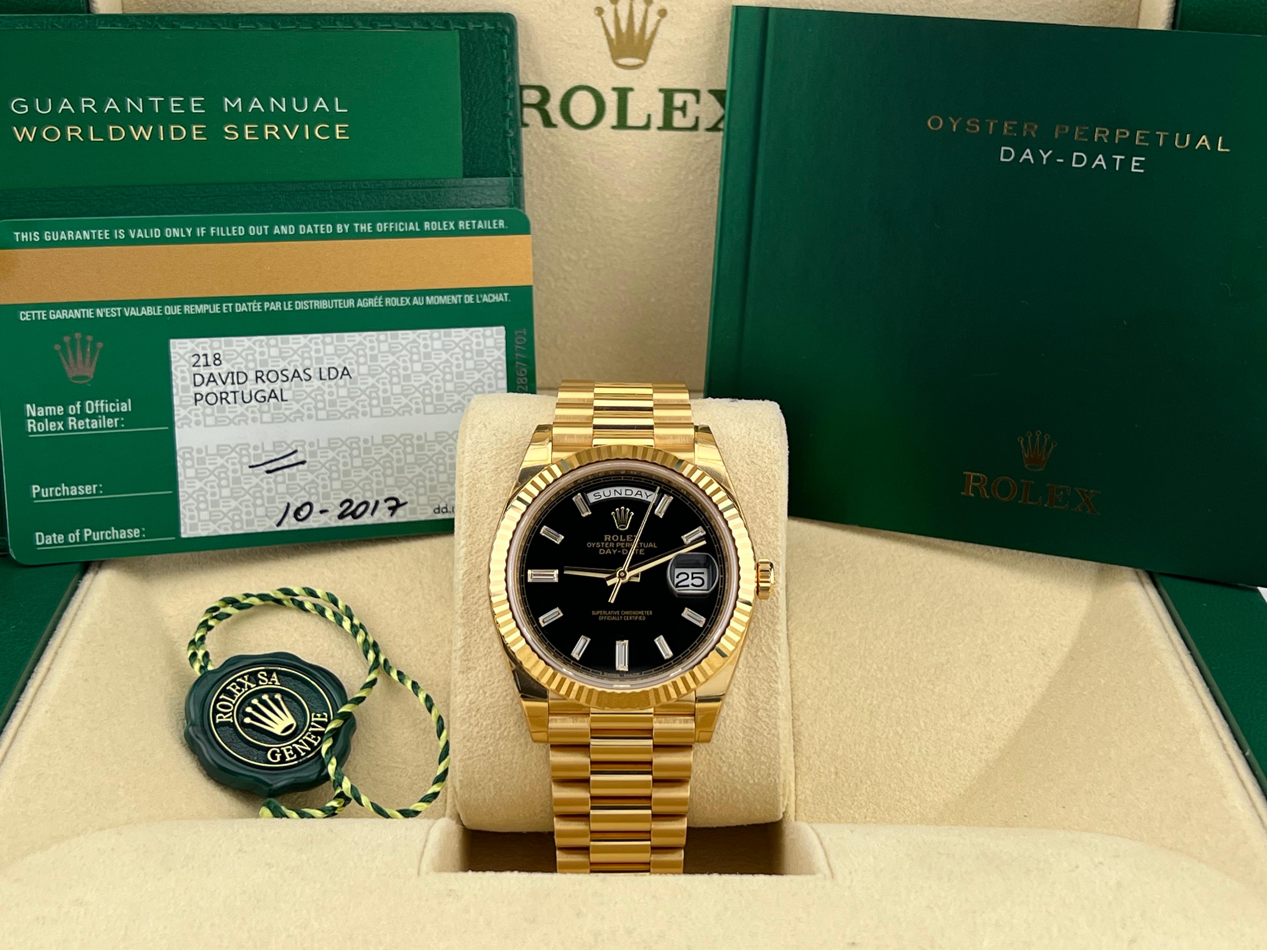Rolex President Day Date 228238 40mm Black Baguette Diamond 18K Gold w/ STICKERS In Excellent Condition For Sale In San Diego, CA