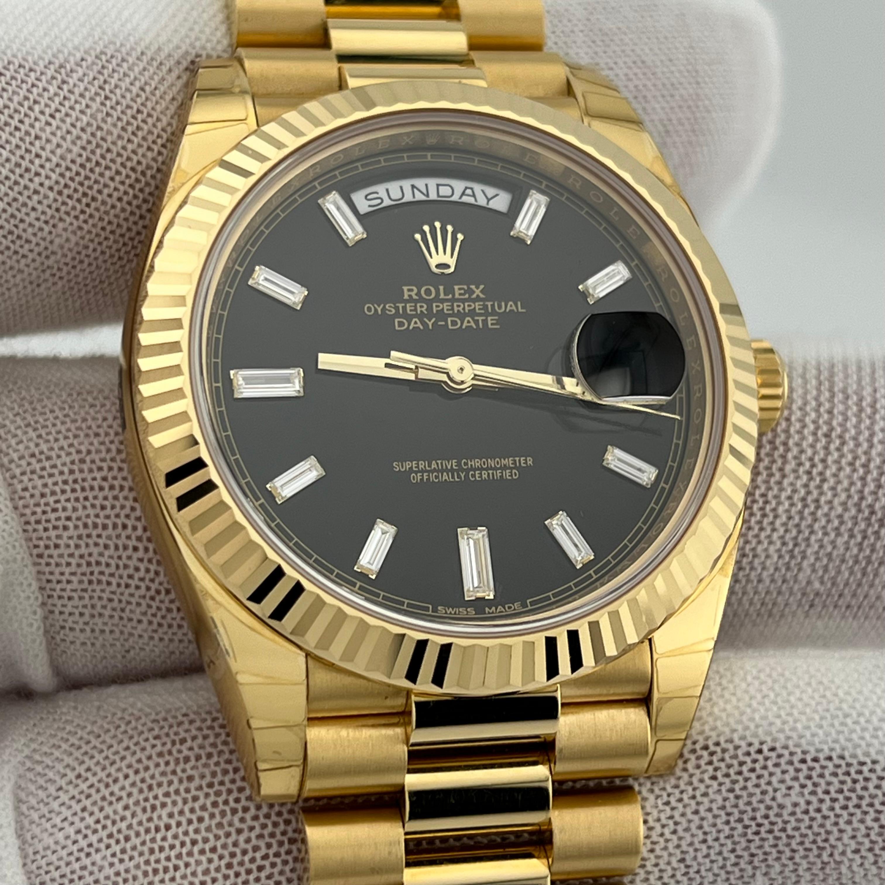 Men's Rolex President Day Date 228238 40mm Black Baguette Diamond 18K Gold w/ STICKERS For Sale