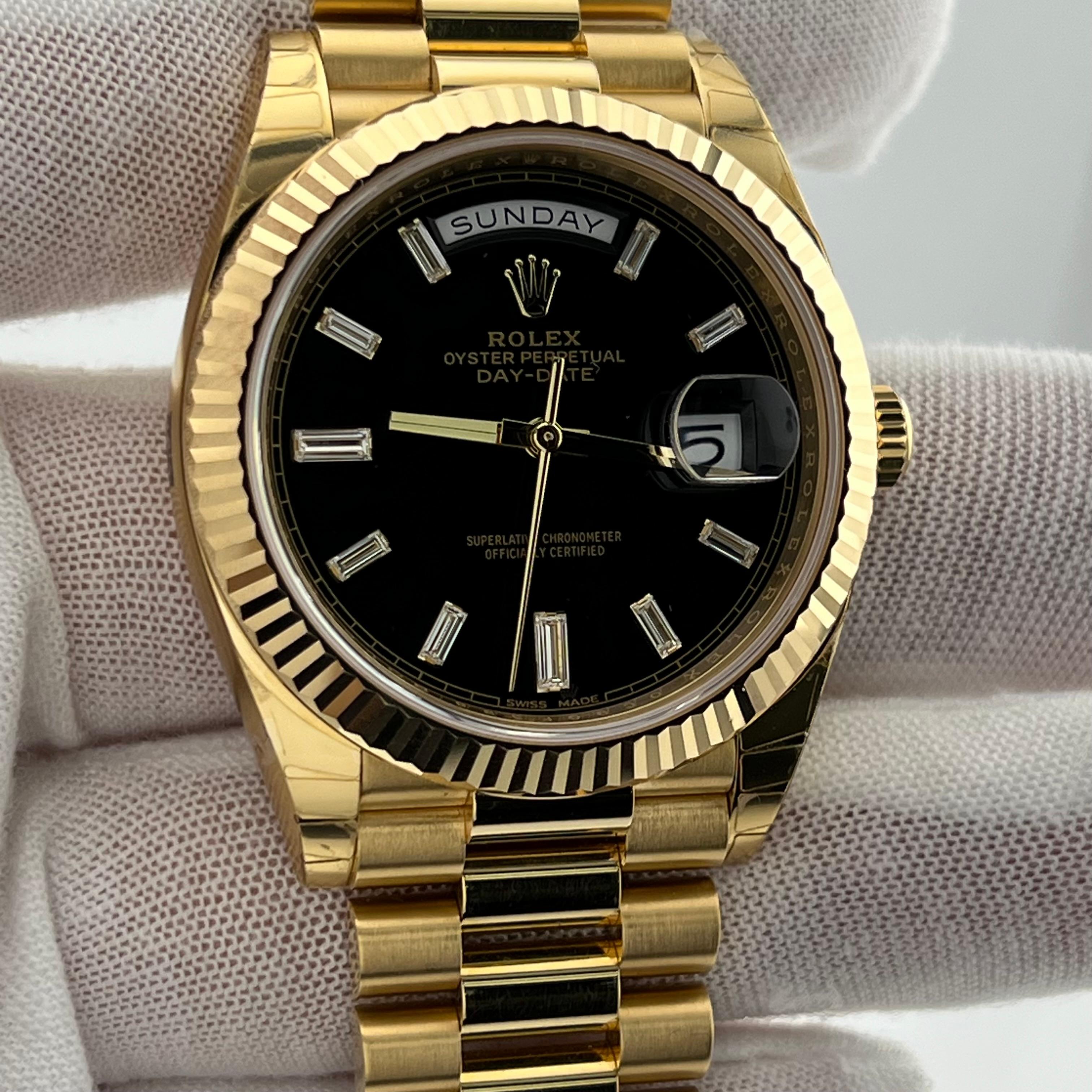 Rolex President Day Date 228238 40mm Black Baguette Diamond 18K Gold w/ STICKERS For Sale 1