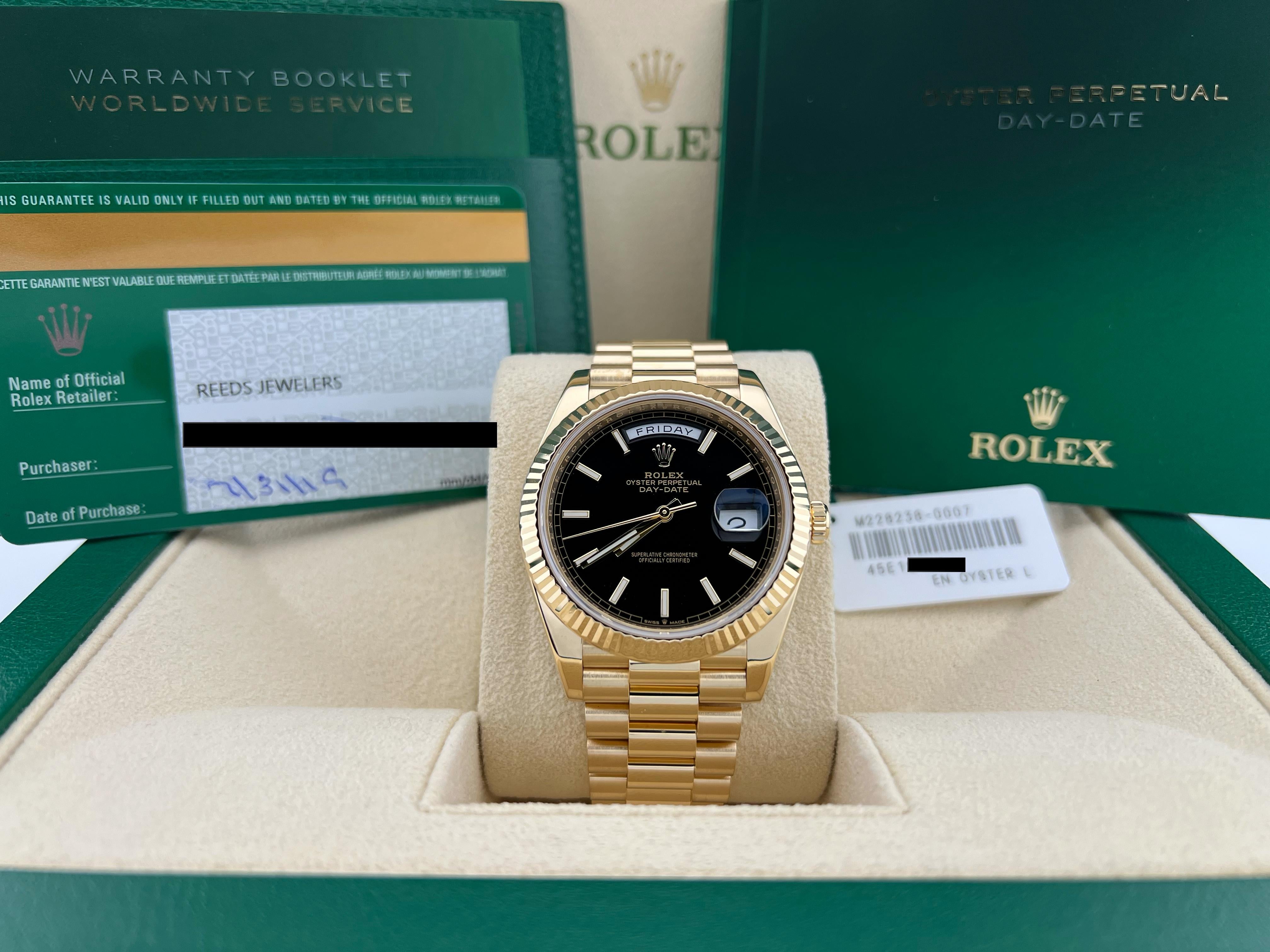 Rolex President Day Date 228238 Black Motif Dial 18k Yellow Gold Box Papers 40mm In Excellent Condition In San Diego, CA