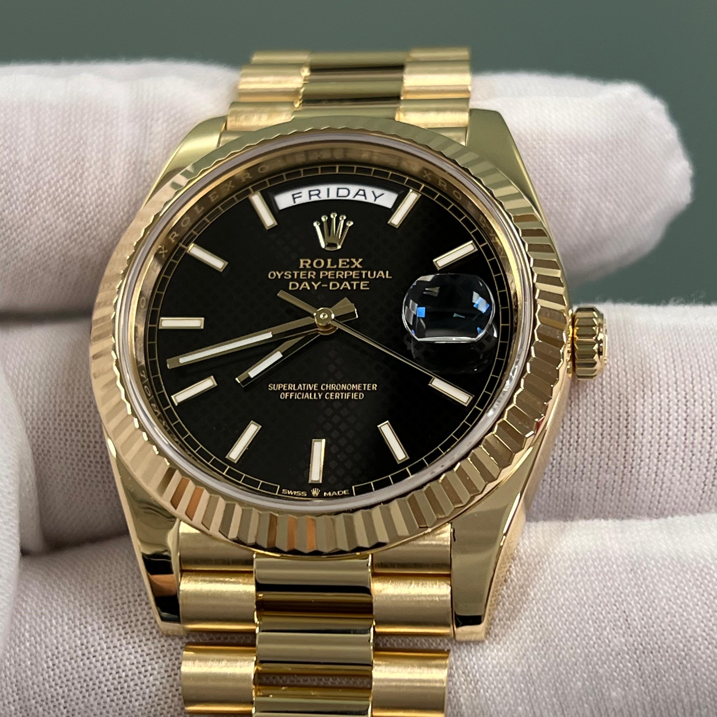 Men's Rolex President Day Date 228238 Black Motif Dial 18k Yellow Gold Box Papers 40mm