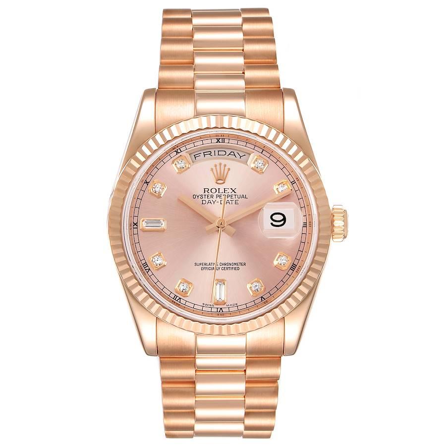 Rolex President Day Date 36 Everose Gold Diamond Mens Watch 118235 Box Card. Officially certified chronometer self-winding movement. Double quick set function. 18k rose gold oyster case 36.0 mm in diameter. Rolex logo on a crown. 18K rose gold