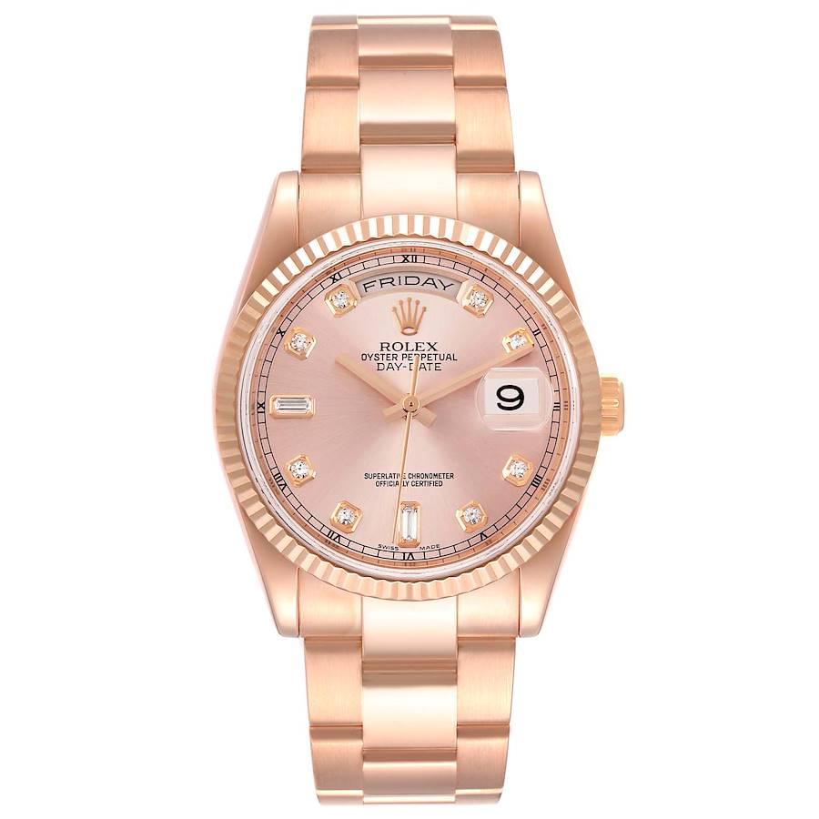 Rolex President Day Date 36 Everose Gold Diamond Mens Watch 118235. Officially certified chronometer self-winding movement. Double quick set function. 18k rose gold oyster case 36.0 mm in diameter. Rolex logo on a crown. 18K rose gold fluted bezel.