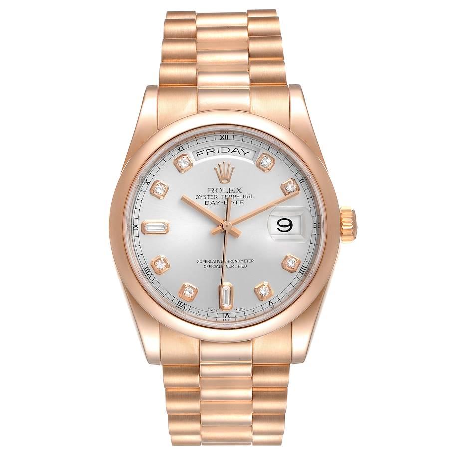 Rolex President Day Date 36 Rose Gold Diamond Mens Watch 118205 Box Papers. Officially certified chronometer self-winding movement. Double quick set function. 18k rose gold oyster case 36.0 mm in diameter. Rolex logo on a crown. 18K rose gold smooth