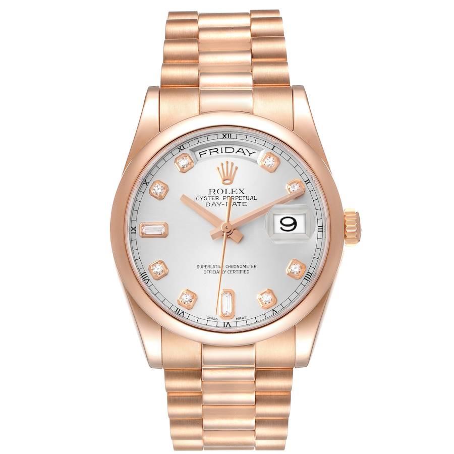 Rolex President Day Date 36 Rose Gold Diamond Mens Watch 118205. Officially certified chronometer self-winding movement. Double quick set function. 18k rose gold oyster case 36.0 mm in diameter. Rolex logo on a crown. 18K rose gold smooth domed