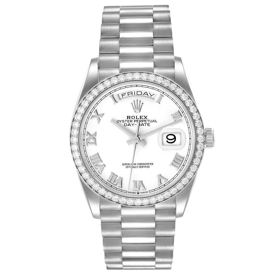 Rolex President Day Date 36 White Gold Diamond Mens Watch 128349 Box Card. Officially certified chronometer self-winding movement. Double quick set function. 18k white gold oyster case 36.0 mm in diameter. Rolex logo on a crown. Original Rolex