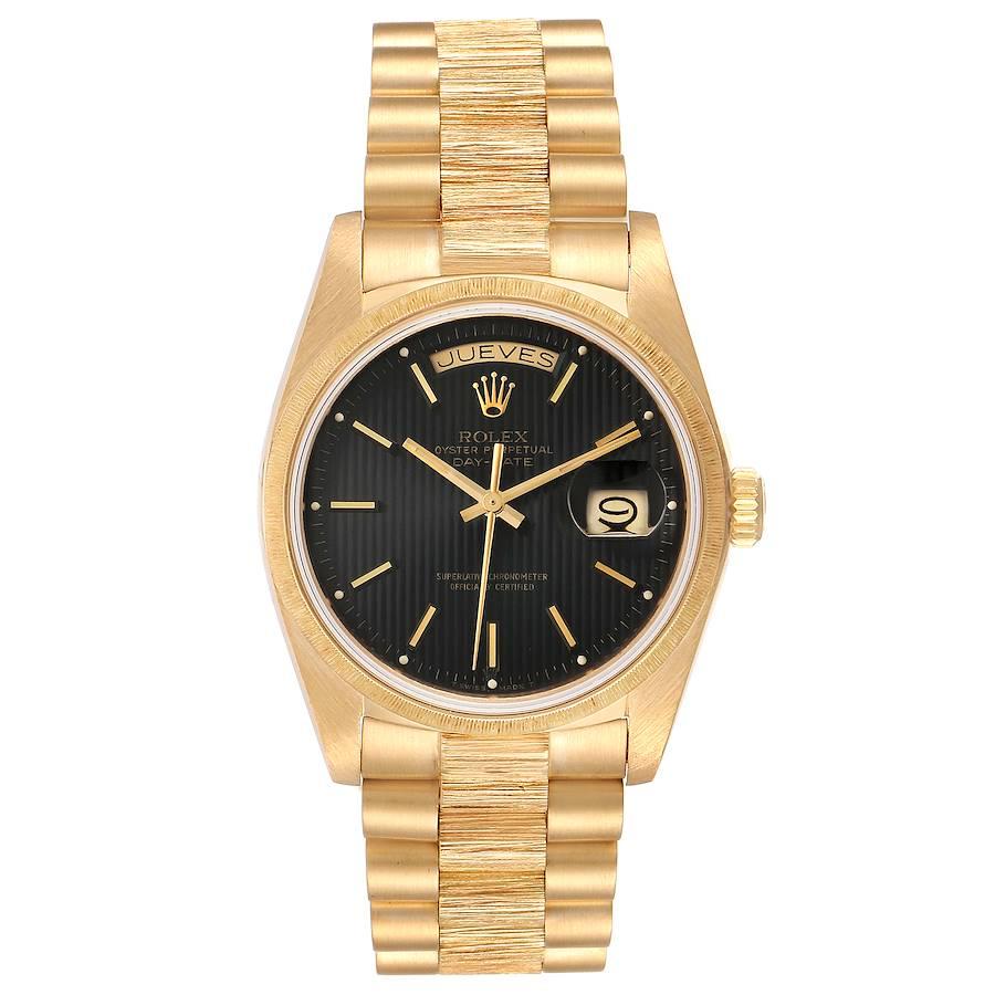 Rolex President Day-Date 36 Yellow Gold Bark Finish Mens Watch 18078. Officially certified chronometer self-winding movement. 18k yellow gold oyster case 36.0 mm in diameter. Rolex logo on a crown. 18k yellow gold bark finish bezel. Scratch