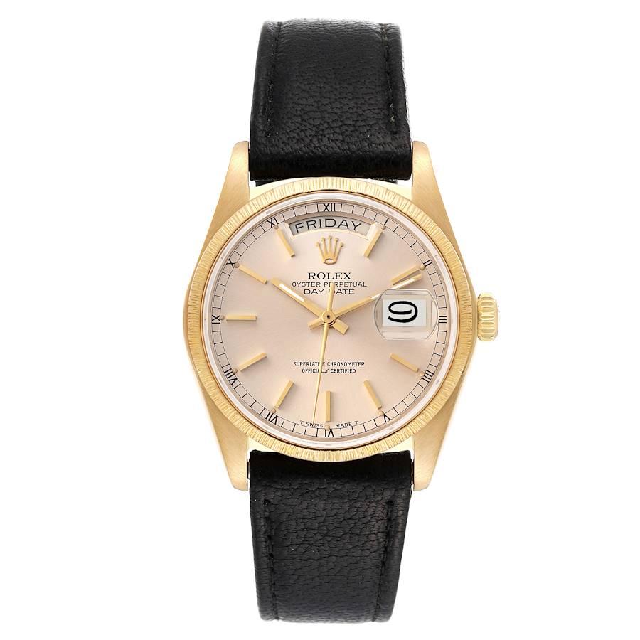 Rolex President Day-Date 36 Yellow Gold Bark Finish Mens Watch 18078. Officially certified chronometer self-winding movement. 18k yellow gold oyster case 36.0 mm in diameter. Rolex logo on a crown. 18K yellow gold fluted bezel. Scratch resistant