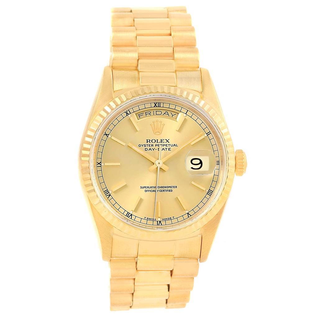 Rolex President Day-Date 36 Yellow Gold Champagne Dial Mens Watch 18238. Officially certified chronometer self-winding movement. double quick set function. 18k yellow gold oyster case 36.0 mm in diameter. Rolex logo on a crown. 18K yellow gold