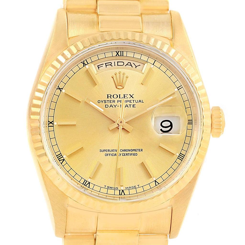 Rolex President Day-Date 36 Yellow Gold Champagne Dial Mens Watch 18238. Officially certified chronometer self-winding movement. double quick set function. 18k yellow gold oyster case 36.0 mm in diameter. Rolex logo on a crown. 18K yellow gold