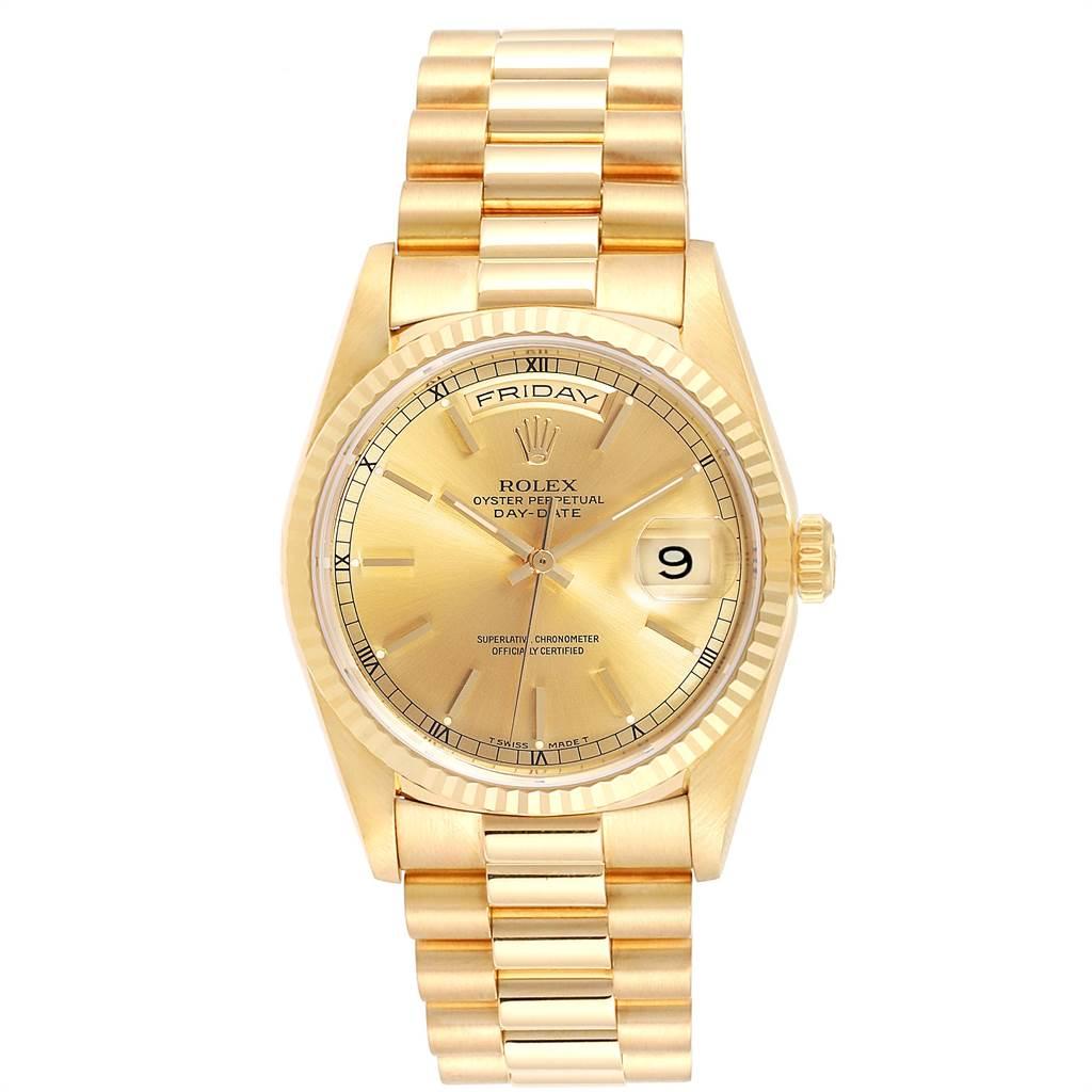 Rolex President Day-Date 36 Yellow Gold Champagne Dial Mens Watch 18238. Officially certified chronometer self-winding movement. 18k yellow gold oyster case 36.0 mm in diameter.Rolex logo on a crown. 18K yellow gold fluted bezel. Scratch resistant