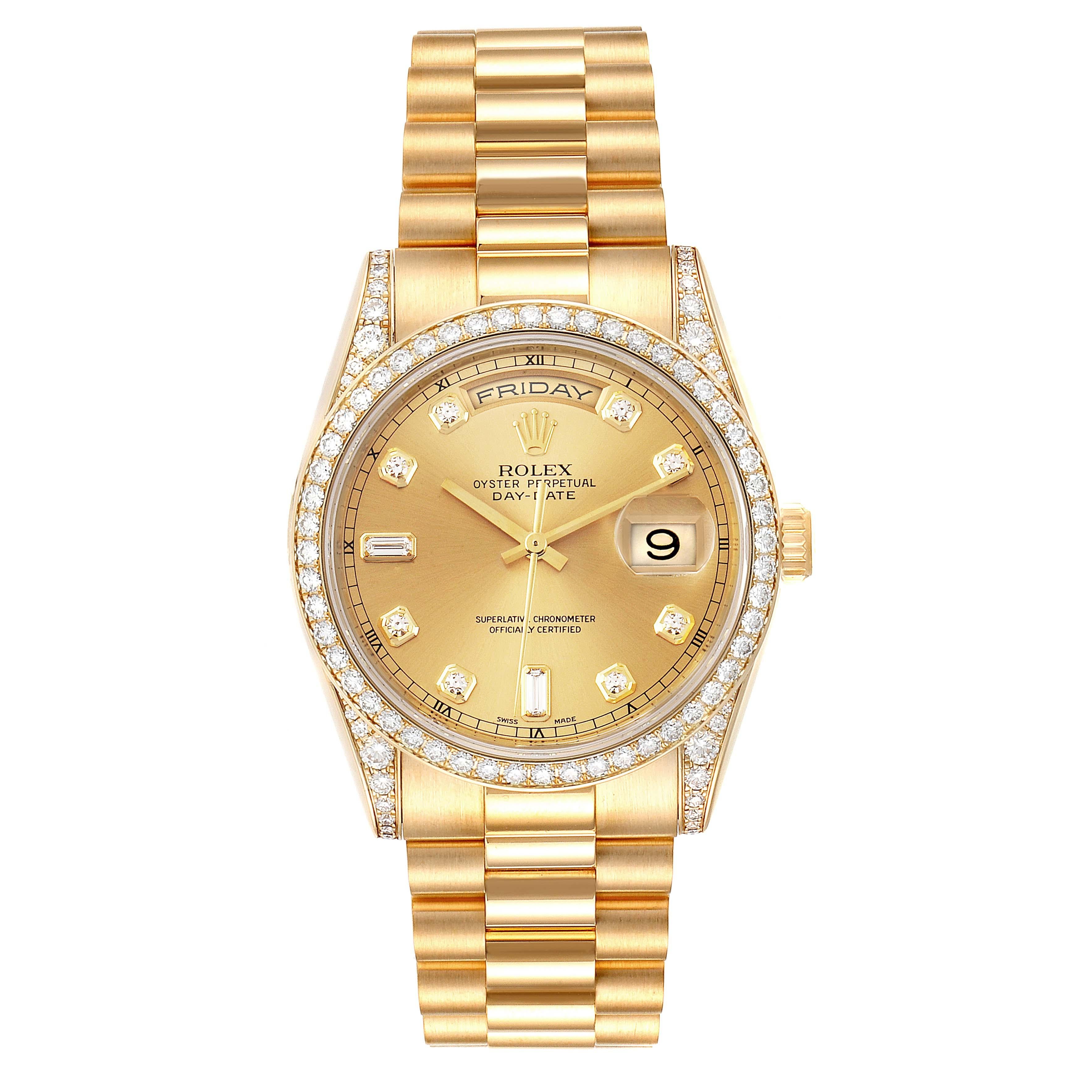 Rolex President Day-Date 36 Yellow Gold Diamond Mens Watch 118388. Officially certified chronometer self-winding movement. double quick set function. 18k yellow gold oyster case 36.0 mm in diameter. Rolex logo on a crown. Rolex factory diamond lugs.