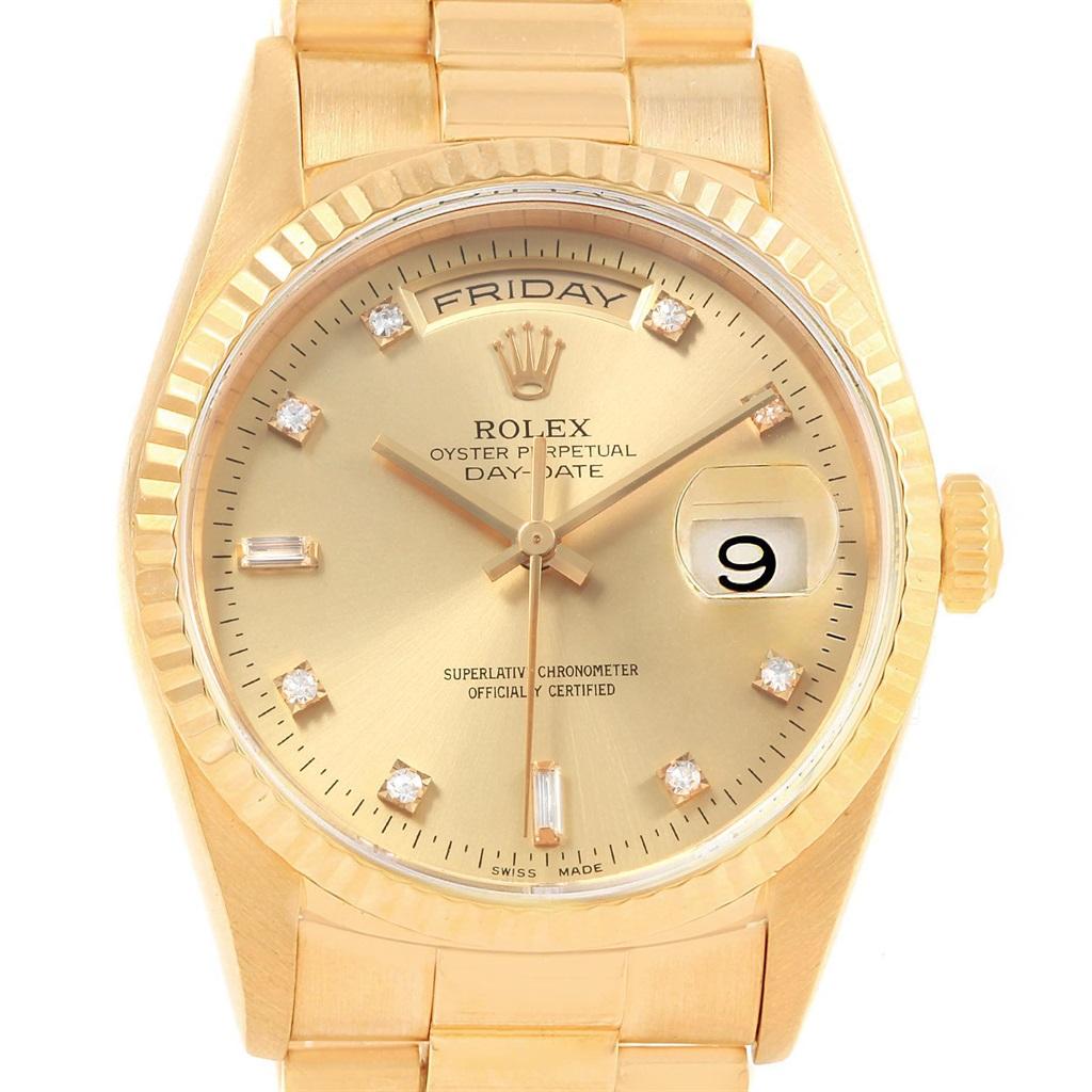 Rolex President Day-Date 36 Yellow Gold Diamond Mens Watch 18238. Officially certified chronometer self-winding movement. double quick set function. 18k yellow gold oyster case 36.0 mm in diameter. Rolex logo on a crown. 18K yellow gold fluted