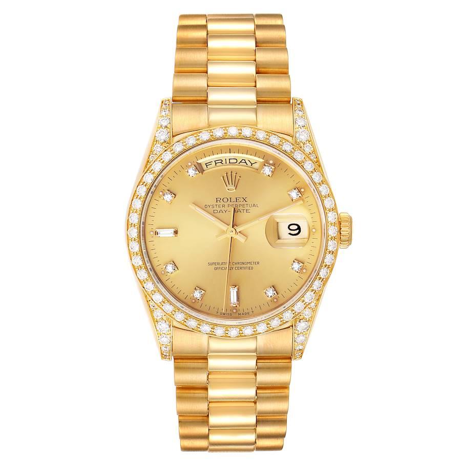 Rolex President Day-Date 36 Yellow Gold Diamond Mens Watch 18388 Box Papers. Officially certified chronometer self-winding movement. double quick set function. 18k yellow gold oyster case 36.0 mm in diameter. Rolex logo on a crown. Rolex factory