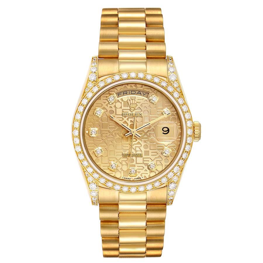 Rolex President Day-Date 36 Yellow Gold Diamond Mens Watch 18388 Box Papers. Officially certified chronometer self-winding movement. double quick set function. 18k yellow gold oyster case 36.0 mm in diameter. Rolex logo on a crown. Rolex factory