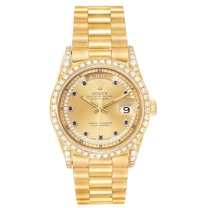 Rolex President Day-Date 36 Yellow Gold Diamond Mens Watch 18388. Officially certified chronometer self-winding movement. double quick set function. 18k yellow gold oyster case 36.0 mm in diameter. Rolex logo on a crown. Rolex factory diamond lugs.