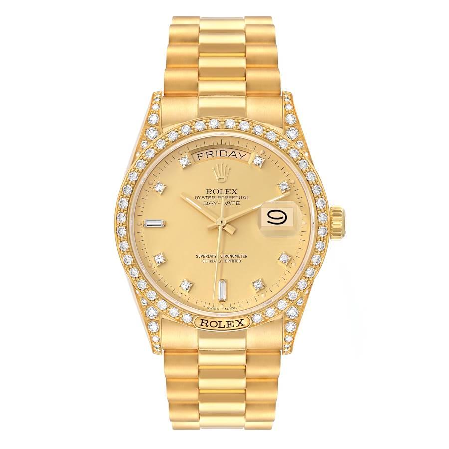 Rolex President Day-Date 36 Yellow Gold Diamond Mens Watch 18388. Officially certified chronometer self-winding movement. double quick set function. 18k yellow gold oyster case 36.0 mm in diameter. Rolex logo on a crown. Rolex factory diamond lugs.