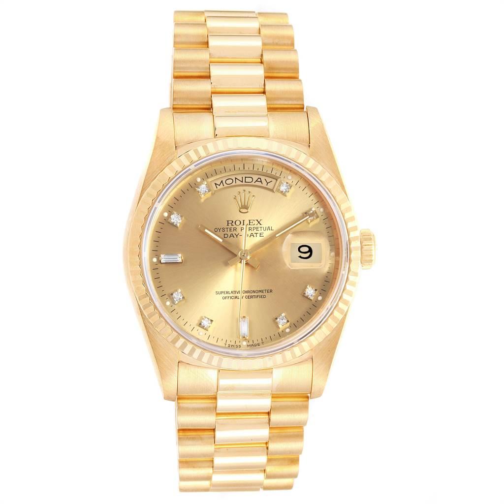 Rolex President Day-Date 36 Yellow Gold Diamonds Mens Watch 18238. Officially certified chronometer self-winding movement. 18k yellow gold oyster case 36.0 mm in diameter. Rolex logo on a crown. 18K yellow gold fluted bezel. Scratch resistant