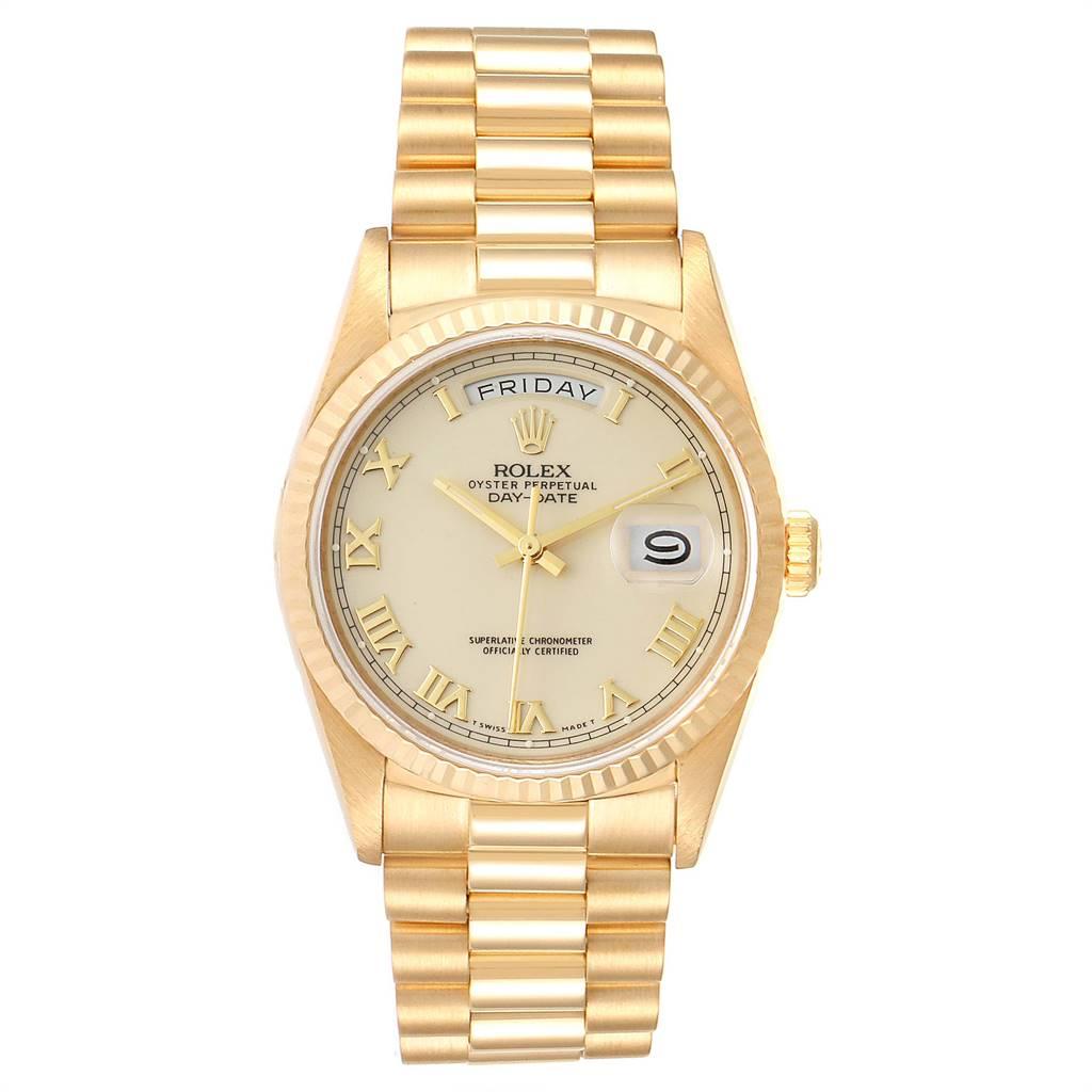 Rolex President Day-Date 36 Yellow Gold Mens Watch 18238 Box Papers. Officially certified chronometer self-winding movement. 18k yellow gold oyster case 36.0 mm in diameter. Rolex logo on a crown. 18K yellow gold fluted bezel. Scratch resistant
