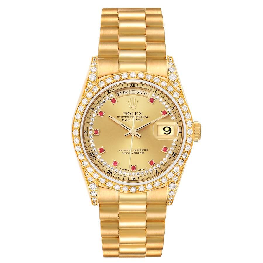 Rolex President Day-Date 36 Yellow Gold Ruby Diamond Dial Mens Watch 18388. Officially certified chronometer self-winding movement. double quick set function. 18k yellow gold oyster case 36.0 mm in diameter. Rolex logo on a crown. Rolex factory