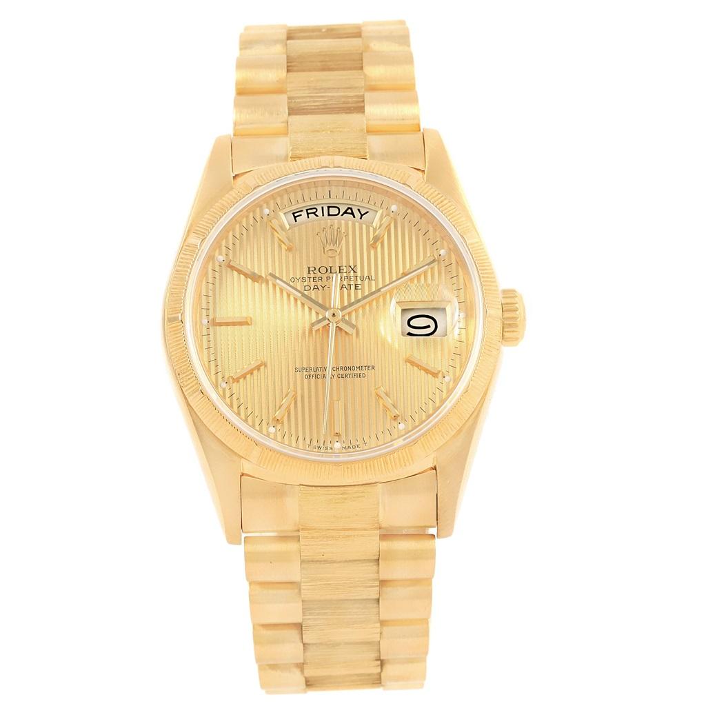 Rolex President Day-Date 36 Yellow Gold Tapestry Dial Mens Watch 18078. Officially certified chronometer automatic self-winding movement. 18k yellow gold oyster case 36.0 mm in diameter. Rolex logo on a crown. 18k yellow gold bark finish bezel.