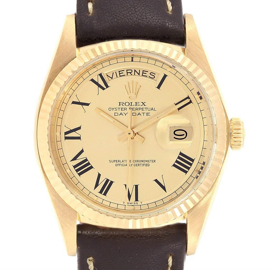 Rolex President Day-Date 36 Yellow Gold Vintage Bukley Dial Watch 1803. Officially certified chronometer self-winding movement. 18k yellow gold oyster case 36.0 mm in diameter. Rolex logo on a crown. 18k yellow gold fluted bezel. Scratch resistant