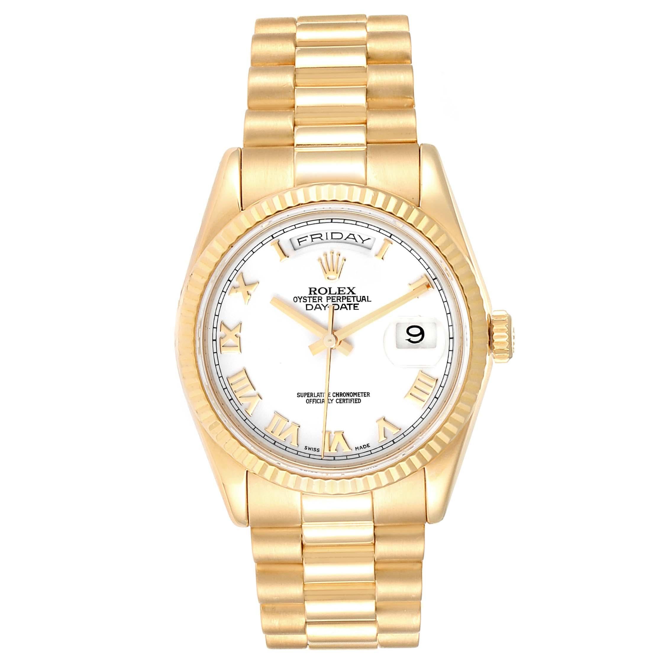 Rolex President Day Date 36 Yellow Gold White Dial Mens Watch 118238. Officially certified chronometer self-winding movement. 18k yellow gold oyster case 36.0 mm in diameter. Rolex logo on a crown. 18K yellow gold fluted bezel. Scratch resistant