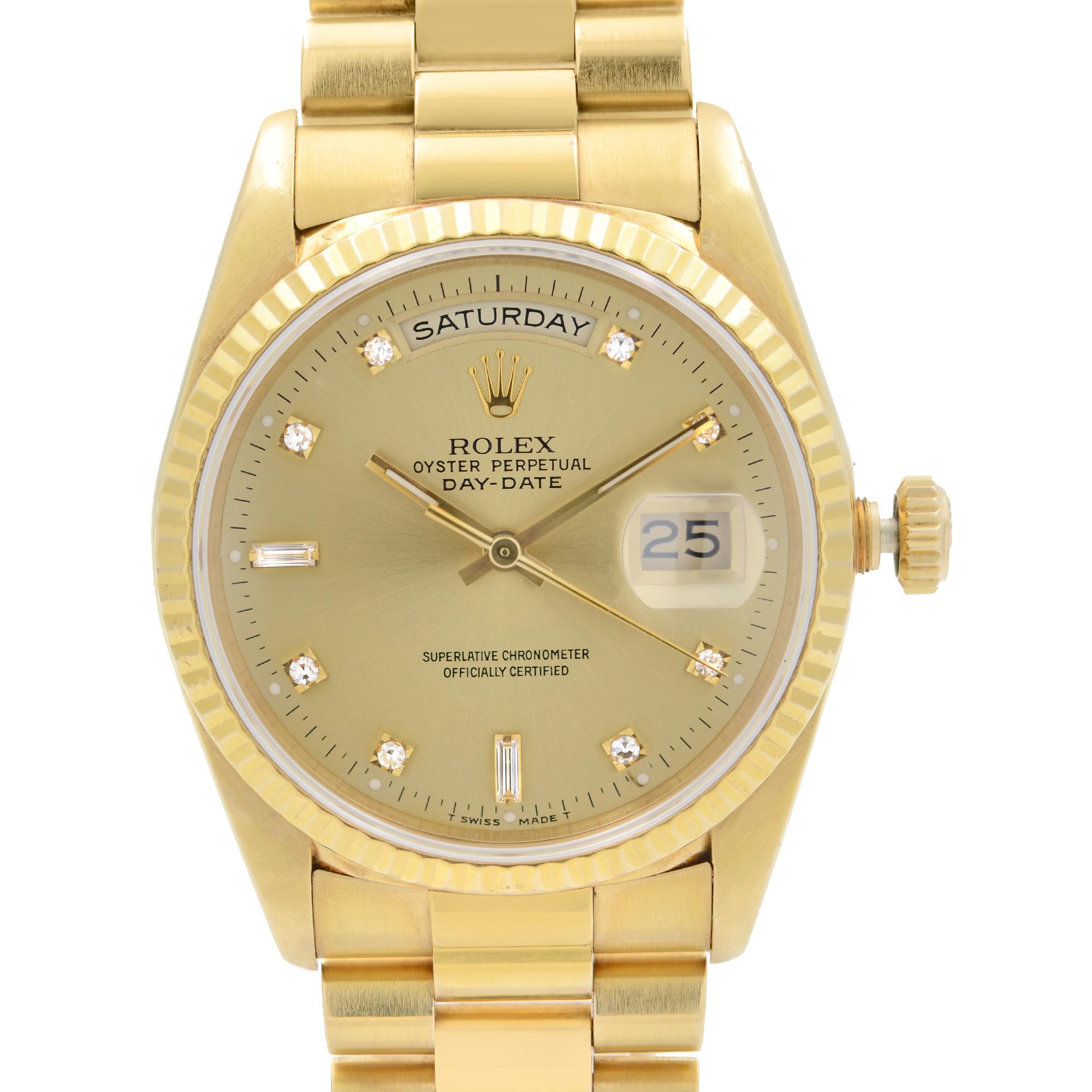 This watch was produced in 1993. Watch band Has Moderat Slack. Rolex President Day-Date 36mm 18K Yellow Gold Diamond Dial Men's Watch 18238 Comes with the seller's Presentation Box and the seller's Authenticity Card. Covered by a 3-year Chronostore
