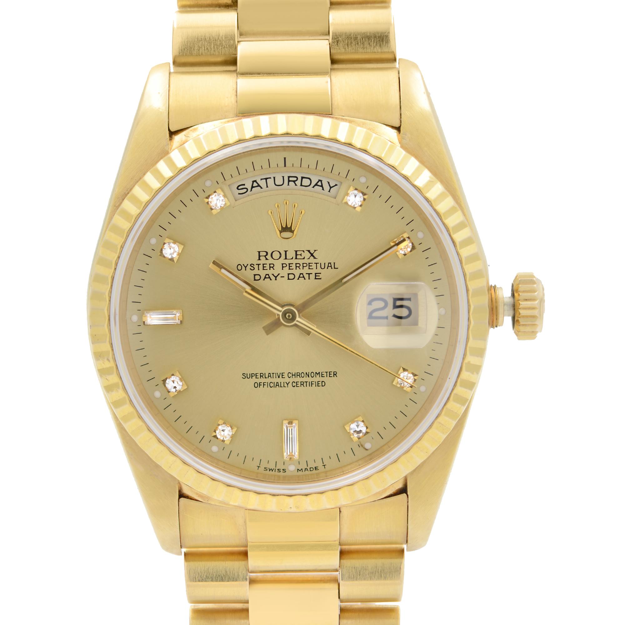 Rolex President Day-Date 36mm 18K Yellow Gold Champagne factory Diamond Dial Men's Watch 18238, This Beautiful Timepiece was Produced in 1991 & is Powered by Mechanical (Automatic) Movement And Features: Round 18k Gold Case With an 18k Gold