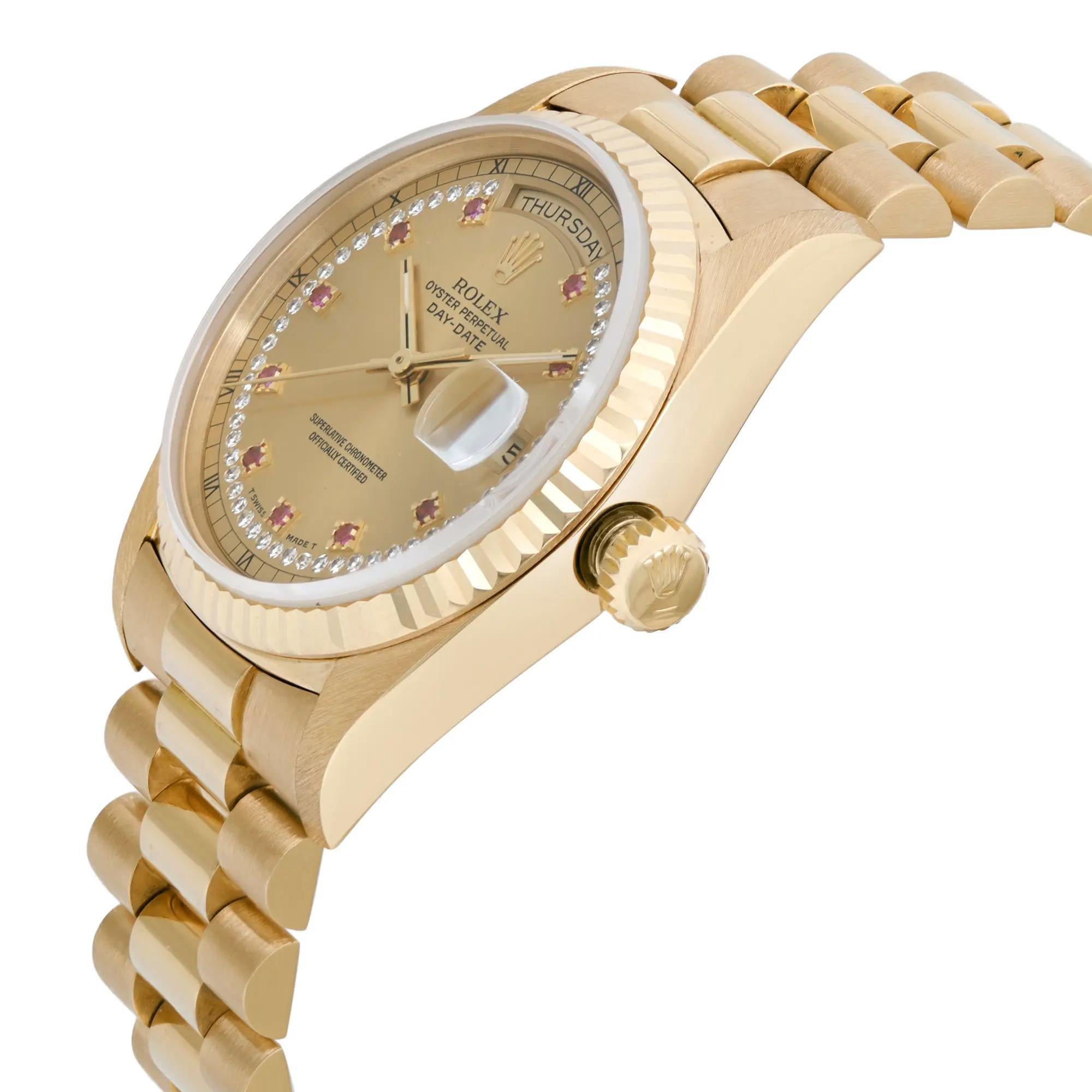 Rolex President Day-Date 36mm Oro Giallo 18K Diamante Rubino Orologio 18238 In condizioni ottime in vendita a New York, NY