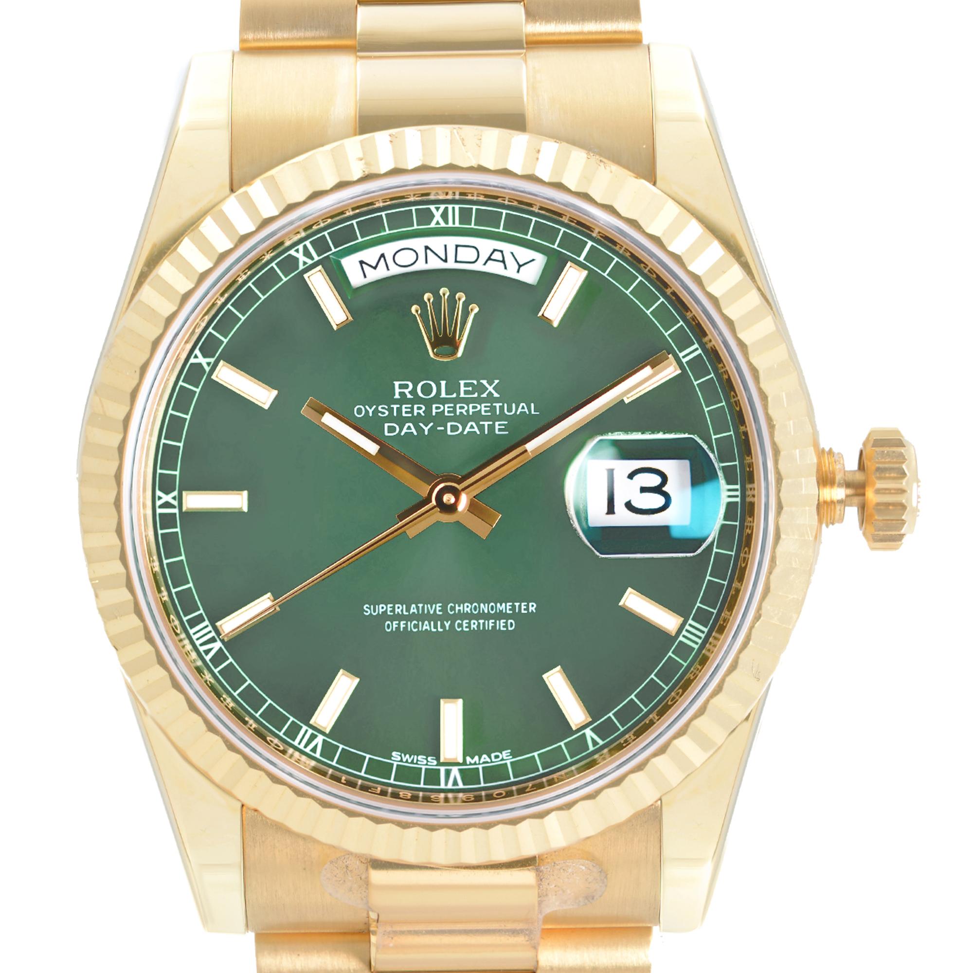 Pre Owned Rolex Day-Date 18K Yellow Gold Green Dial 36mm Automatic Mens Watch 118238.  Partially Stickers. minor scratches son bezel. This Beautiful Timepiece Powered by Mechanical (Automatic) Movement And Features: Round 18k Gold Case With an 18k