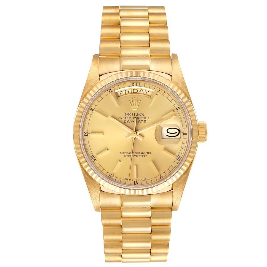 Rolex President Day-Date 36mm 18k Yellow Gold Mens Watch 18038. Officially certified chronometer self-winding movement. 18k yellow gold oyster case 36.0 mm in diameter. Rolex logo on a crown. 18k yellow gold fluted bezel. Scratch resistant sapphire