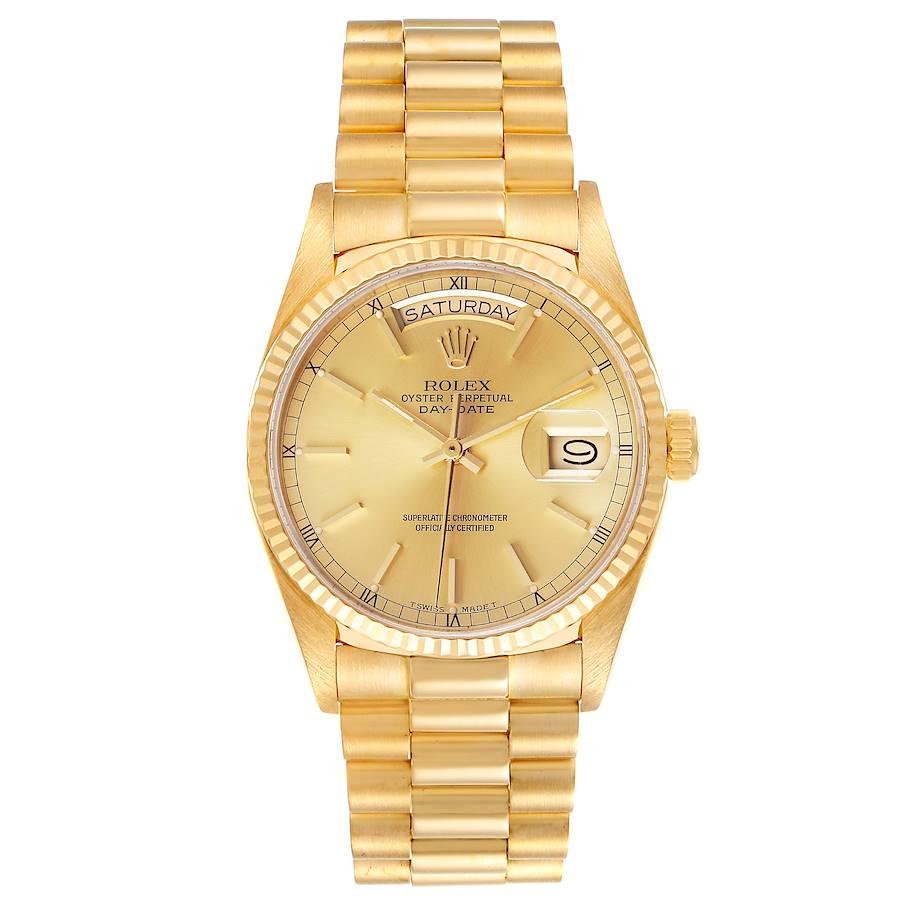 Rolex President Day-Date 36mm 18k Yellow Gold Mens Watch 18038. Officially certified chronometer self-winding movement. 18k yellow gold oyster case 36.0 mm in diameter.  Rolex logo on a crown. 18k yellow gold fluted bezel. Scratch resistant sapphire