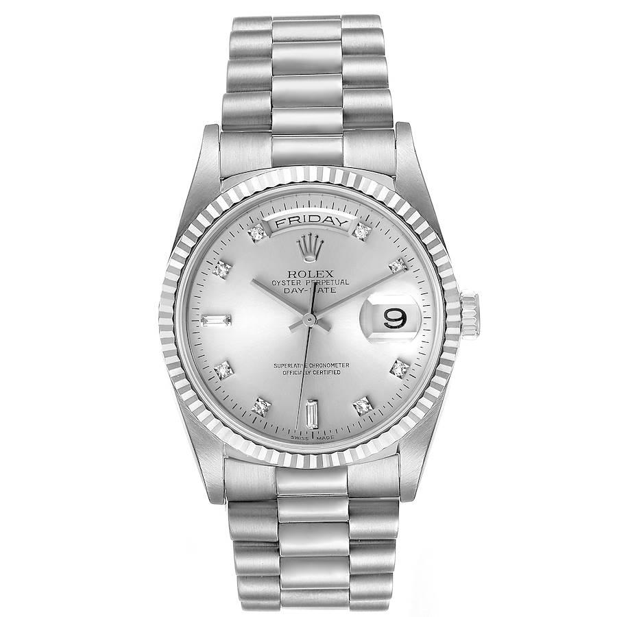 Rolex President Day-Date 36mm White Gold Diamond Mens Watch 18239. Officially certified chronometer self-winding movement with quickset date function. 18k white gold oyster case 36.0 mm in diameter. Rolex logo on a crown. 18k white gold fluted