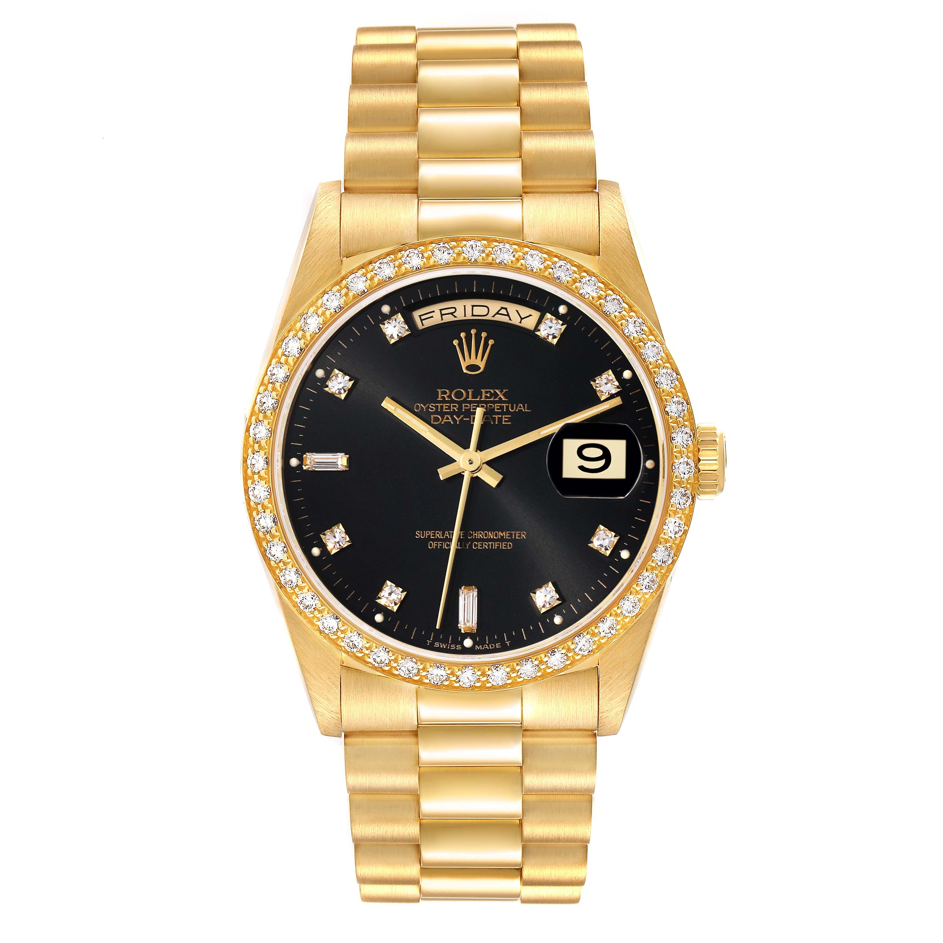 Rolex President Day Date 36mm Yellow Gold Black Dial Diamond Mens Watch 18348 Pour hommes en vente
