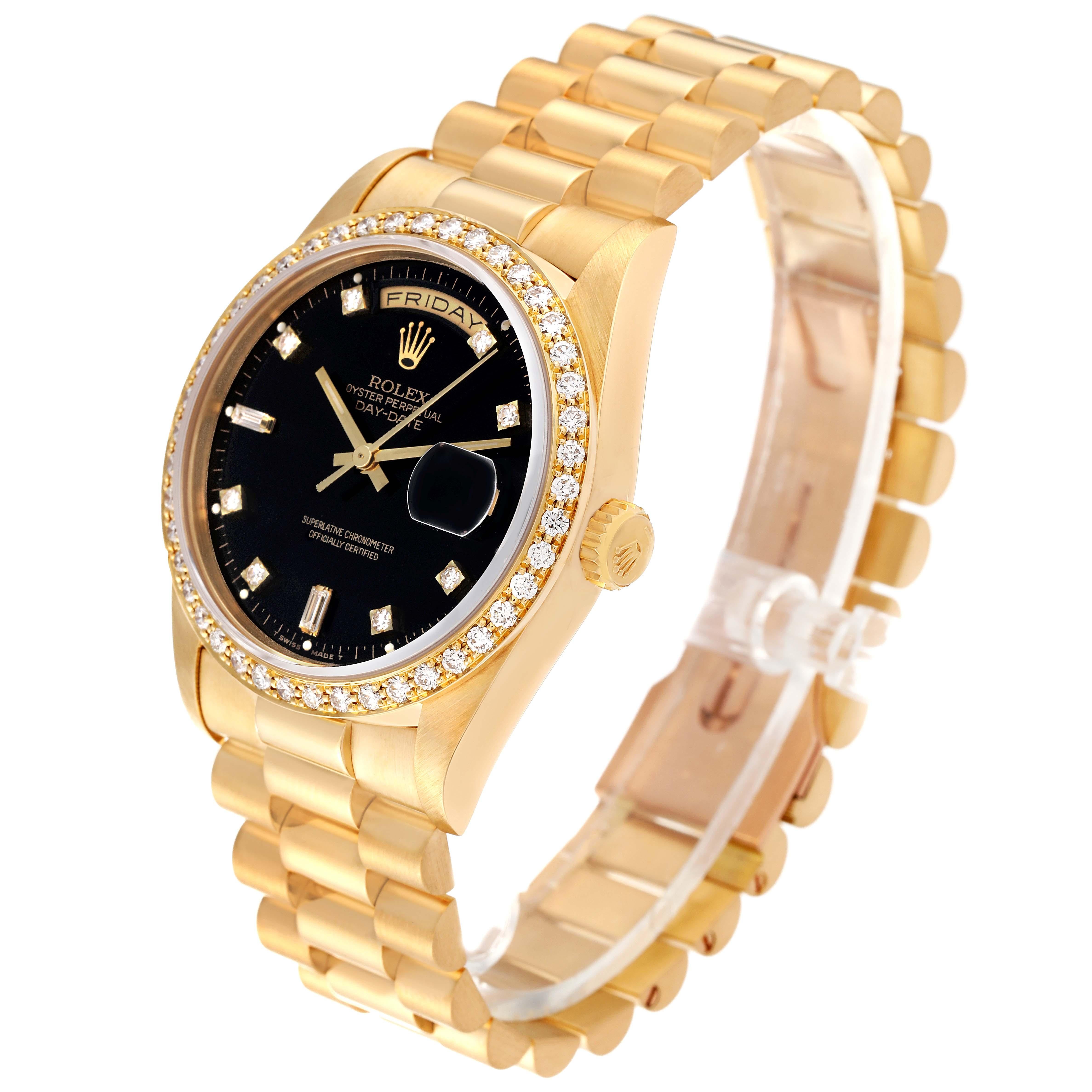 Rolex President Day Date 36mm Yellow Gold Black Dial Diamond Mens Watch 18348 en vente 1