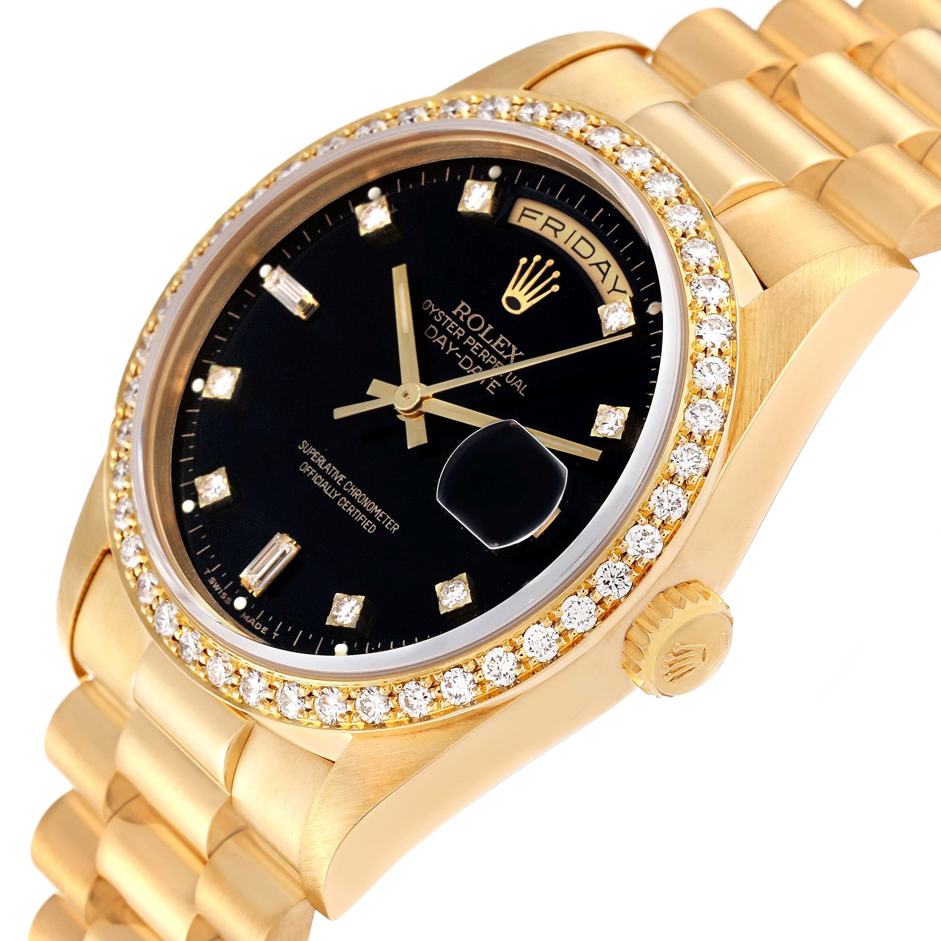 Rolex President Day Date 36mm Yellow Gold Black Dial Diamond Mens Watch 18348 en vente 3