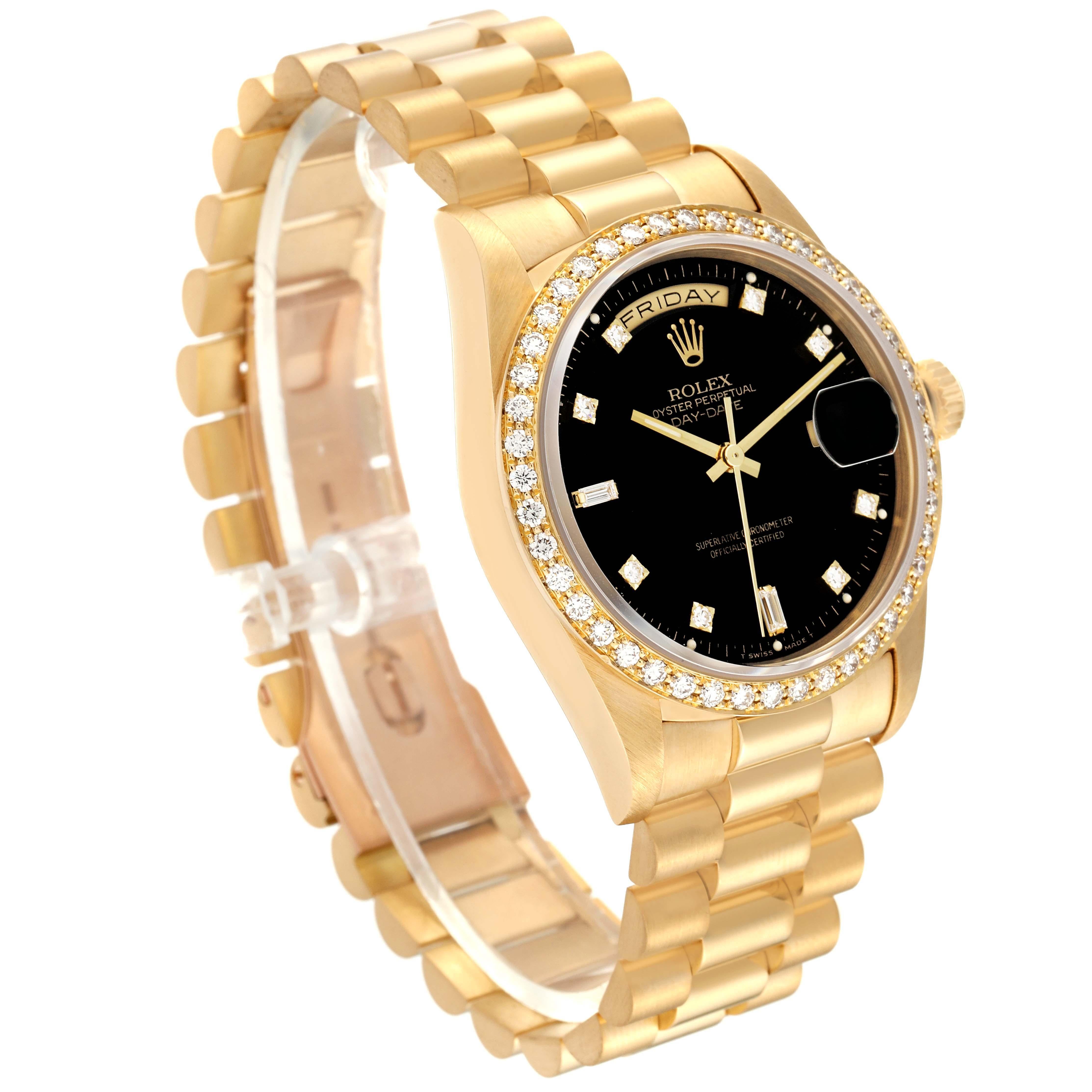 Rolex President Day Date 36mm Yellow Gold Black Dial Diamond Mens Watch 18348 en vente 5