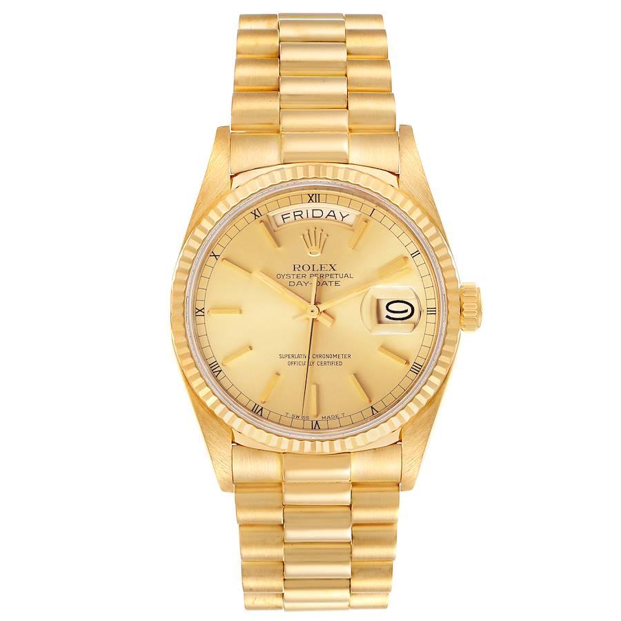 Rolex President Day-Date 36mm Yellow Gold Champagne Dial Mens Watch 18038. Officially certified chronometer self-winding movement. 18k yellow gold oyster case 36.0 mm in diameter.  Rolex logo on a crown. 18k yellow gold fluted bezel. Scratch