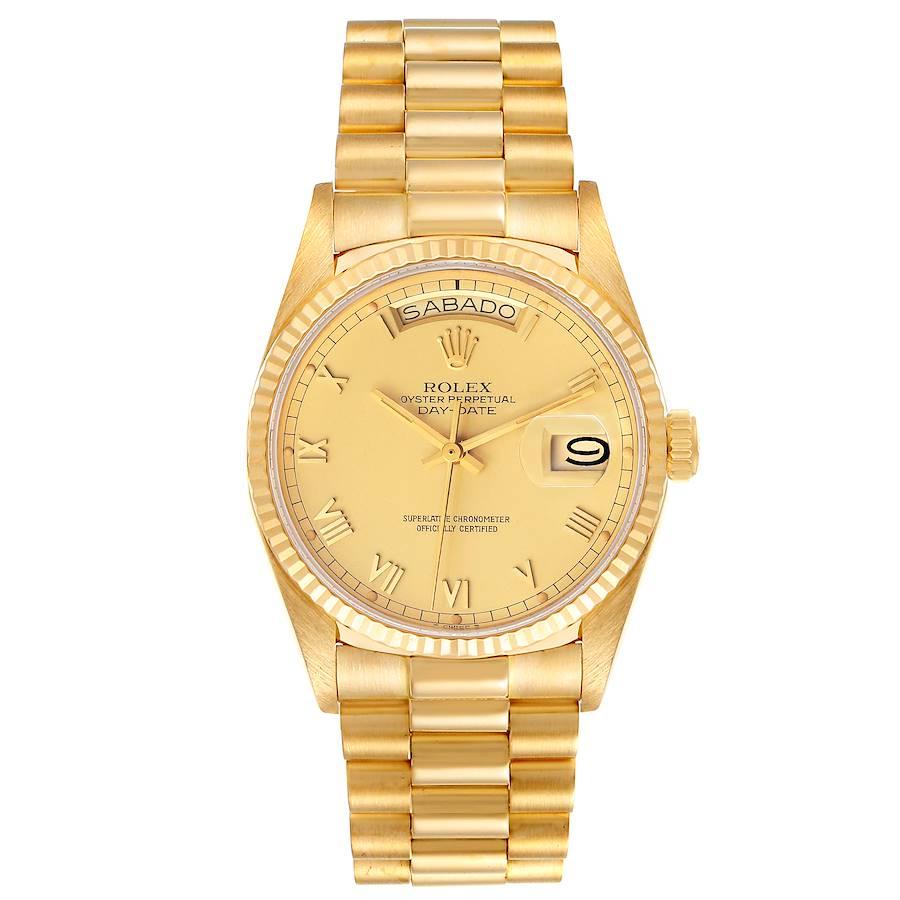 Rolex President Day-Date 36mm Yellow Gold Champagne Dial Mens Watch 18038. Officially certified chronometer self-winding movement. 18k yellow gold oyster case 36.0 mm in diameter.  Rolex logo on a crown. 18k yellow gold fluted bezel. Scratch