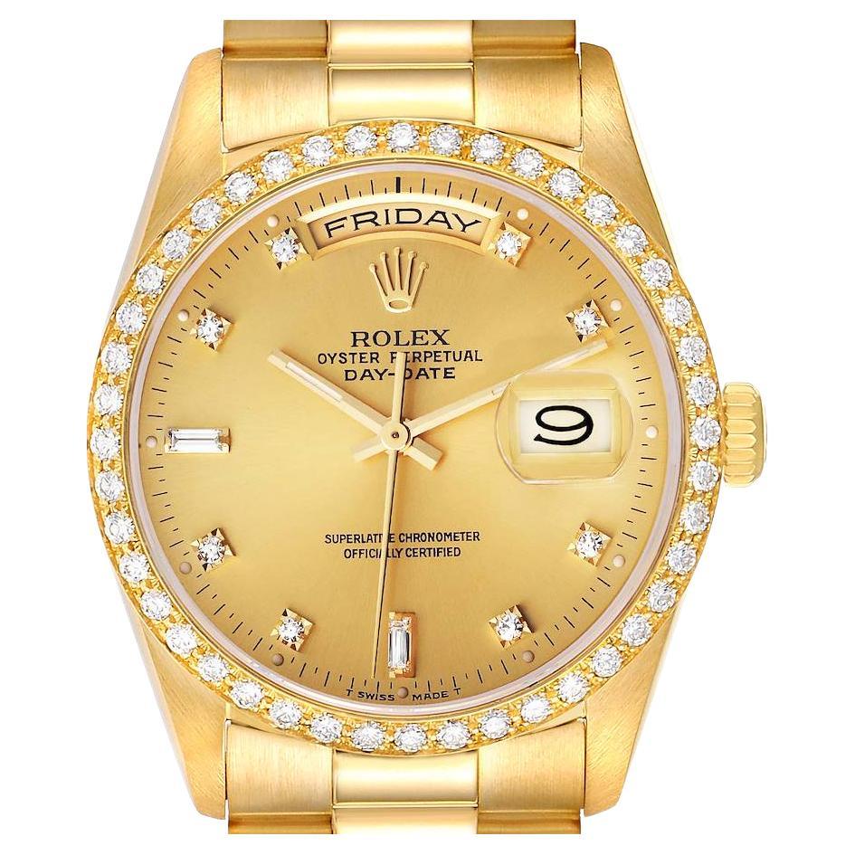 Rolex President Day-Date Yellow Gold Diamond Bezel Mens Watch 18348
