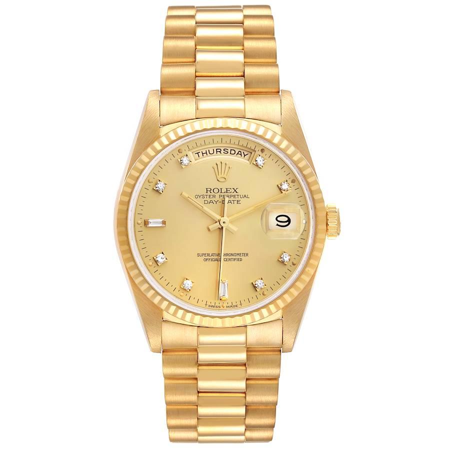 Rolex Präsident Day-Date 36mm Gelbgold Diamant-Zifferblatt Herrenuhr 18238. Offiziell zertifiziertes Chronometer-Automatikwerk mit automatischem Aufzug. Oyster-Gehäuse aus 18 Karat Gelbgold mit einem Durchmesser von 36,0 mm. Rolex Logo auf der