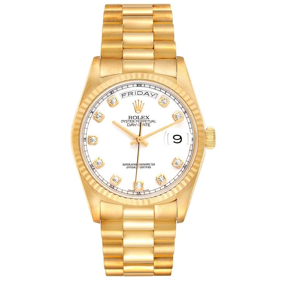 Rolex President Day-Date 36mm Yellow Gold Diamond Mens Watch 18238 Box Papers. Officially certified chronometer self-winding movement. 18k yellow gold oyster case 36.0 mm in diameter. Rolex logo on a crown. 18K yellow gold fluted bezel. Scratch