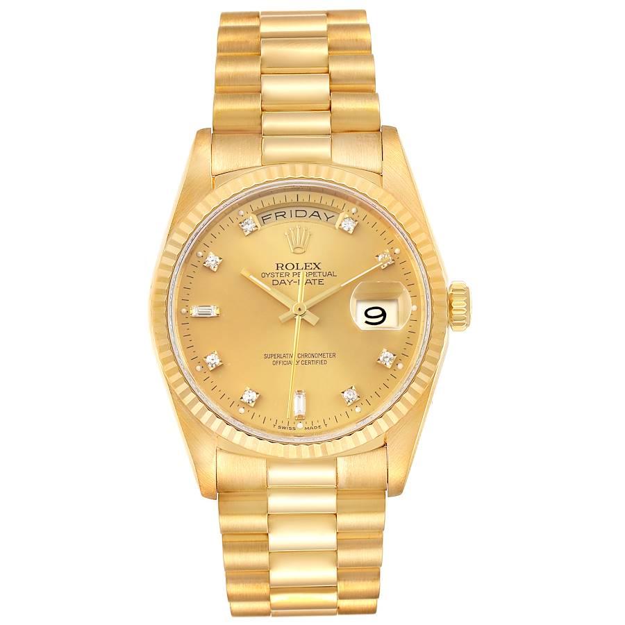 Rolex President Day-Date 36mm Yellow Gold Diamond Mens Watch 18238. Officially certified chronometer self-winding movement. 18k yellow gold oyster case 36.0 mm in diameter. Rolex logo on a crown. 18K yellow gold fluted bezel. Scratch resistant