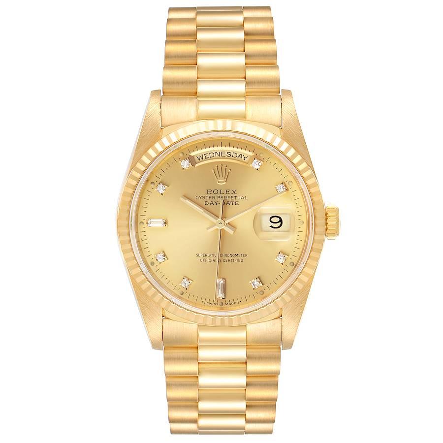 Rolex President Day-Date 36mm Yellow Gold Diamond Mens Watch 18238. Officially certified chronometer self-winding movement. 18k yellow gold oyster case 36.0 mm in diameter. Rolex logo on a crown. 18K yellow gold fluted bezel. Scratch resistant