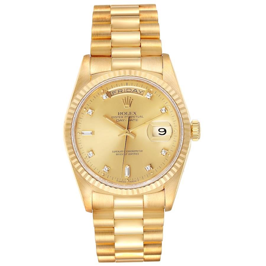 Rolex President Day-Date 36mm Yellow Gold Diamond Mens Watch 18238. Officially certified chronometer self-winding movement. 18k yellow gold oyster case 36.0 mm in diameter. Rolex logo on a crown. 18K yellow gold fluted bezel. Scratch resistant